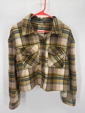 Bagatelle Collection Cropped Plaid Button-Front Sage Turquoise & Cream Size L